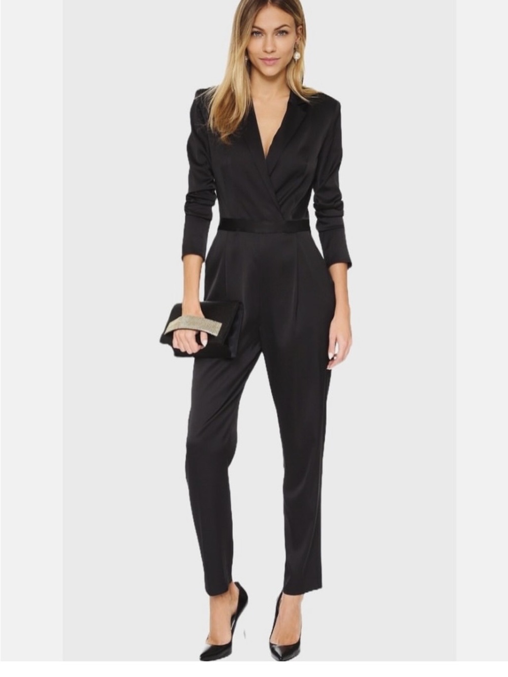 Alice + Olivia Black Wrap-Front Satin Jumpsuit